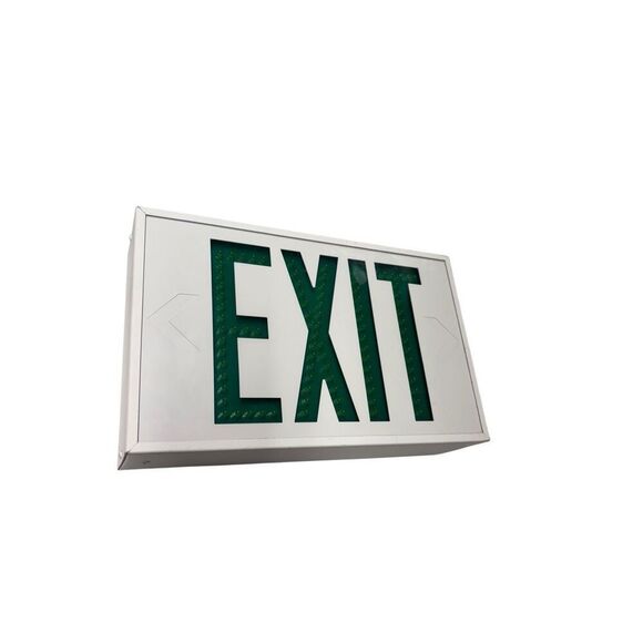Large Exit Sign White Steel & Green Letters Emergency Lighting - Picture 1 of 9